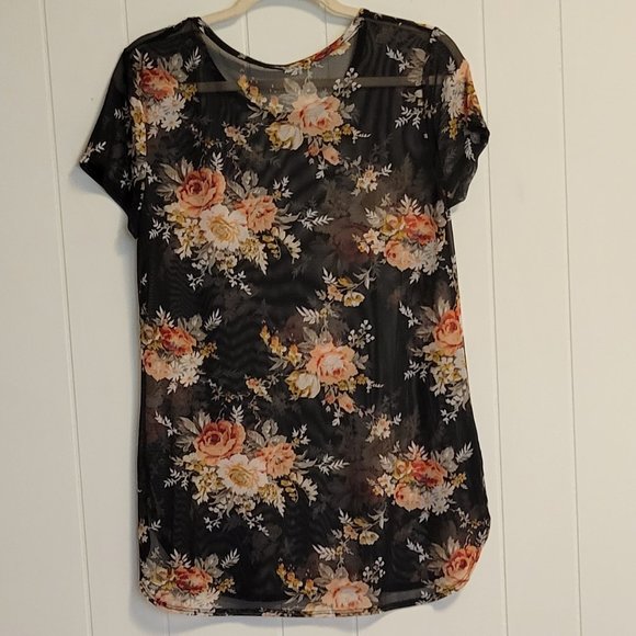 Potter's Pot sheer black floral short sleeve mesh tunic top sz: M - Picture 4 of 5